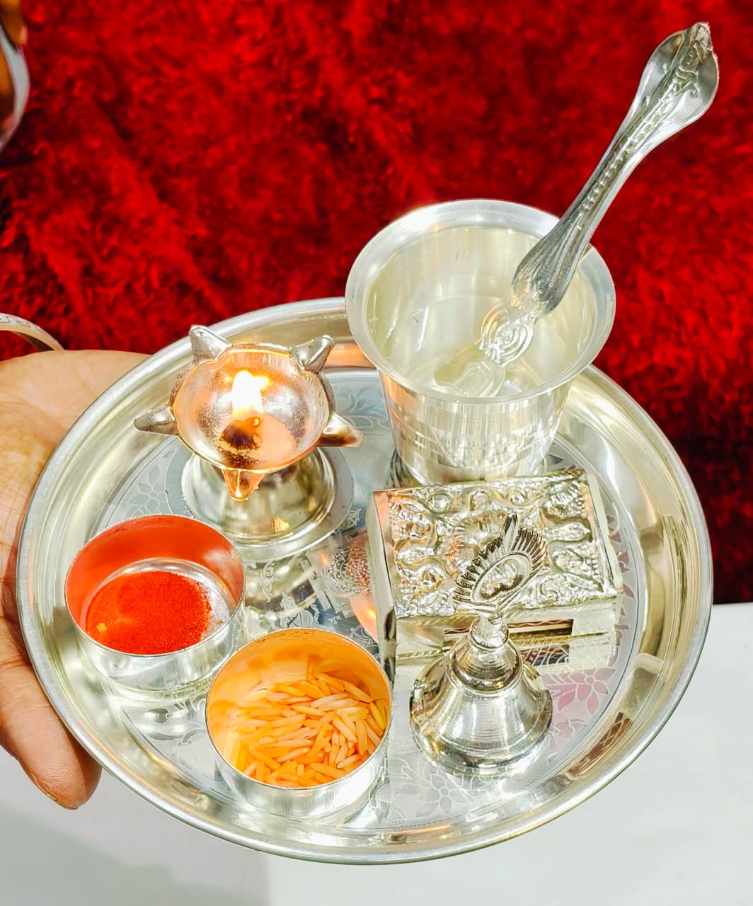 German silver small pooja thali set for housewarming/ diwali pooja